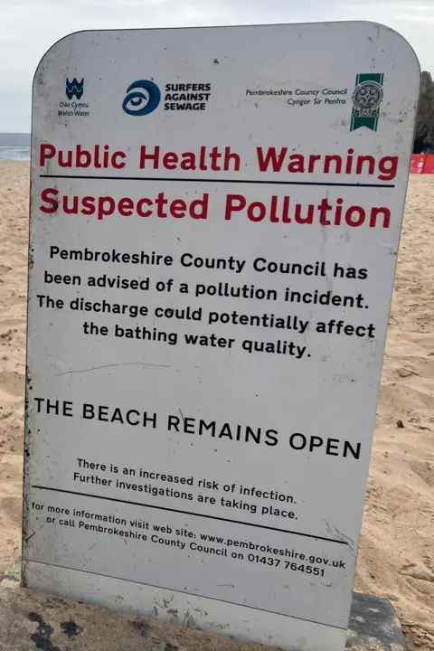 Sign on a beach saying pollution is suspected