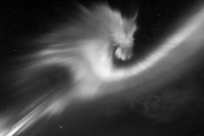 The Fire-Spitting Dragon © Moritz Telser (Jersey) Taken with a Canon EOS R6 camera, 14 mm f/2.8, ISO 12,800, 1.6-second exposure Location: Uttakleiv Beach, Lofoten, Norway, 13 October 2023