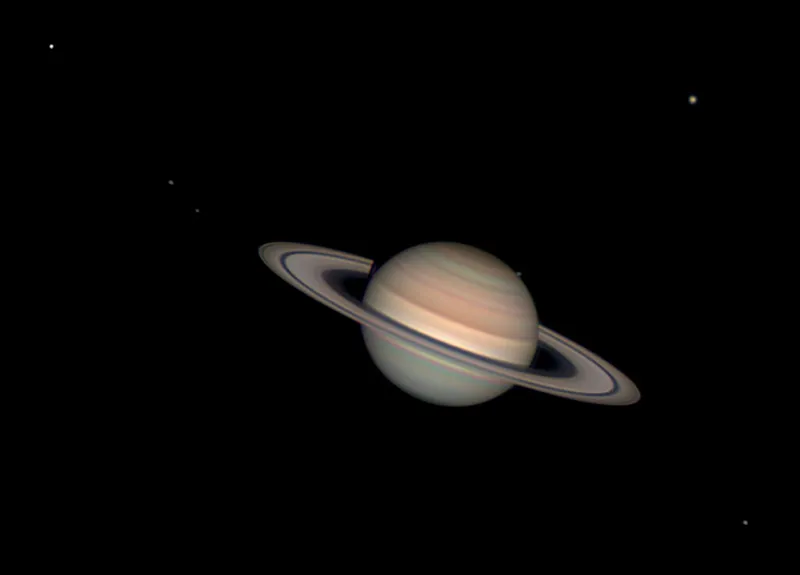 Saturn with Six Moons © Andy Casely (Australia) Taken with a Celestron C14 Schmidt-Cassegrain telescope, Tele Vue 2x Barlow lens, Chroma RGB filters, Celestron CGX-L mount, QHY5III200M camera, 10,000 mm f/29, 40-minute video, 10-millisecond exposures, 25% of ~220,000 total frames Location: Blue Mountains, New South Wales, Australia, 24 September 2023