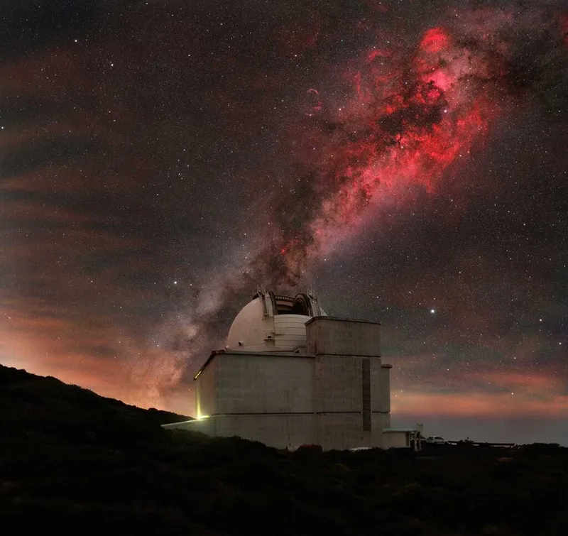 Observations at Night © Jakob Sahner (Germany) Taken with a Sony ILCE-7s and ILCE-7iii camera, Sky-Watcher Star Adventurer mount, Samyang 135 mm f/2 lens, Sky: 73 panels of 4 x 60-second RGB exposures (ISO 2,000), 16 panels of 4 x 60-second H-alpha exposures (ISO 6,400); Foreground: 36 panels of 30-second exposures (ISO 2,000) Location: Roque de los Muchachos, La Palma, Canary Islands, Spain, 13 December 2023