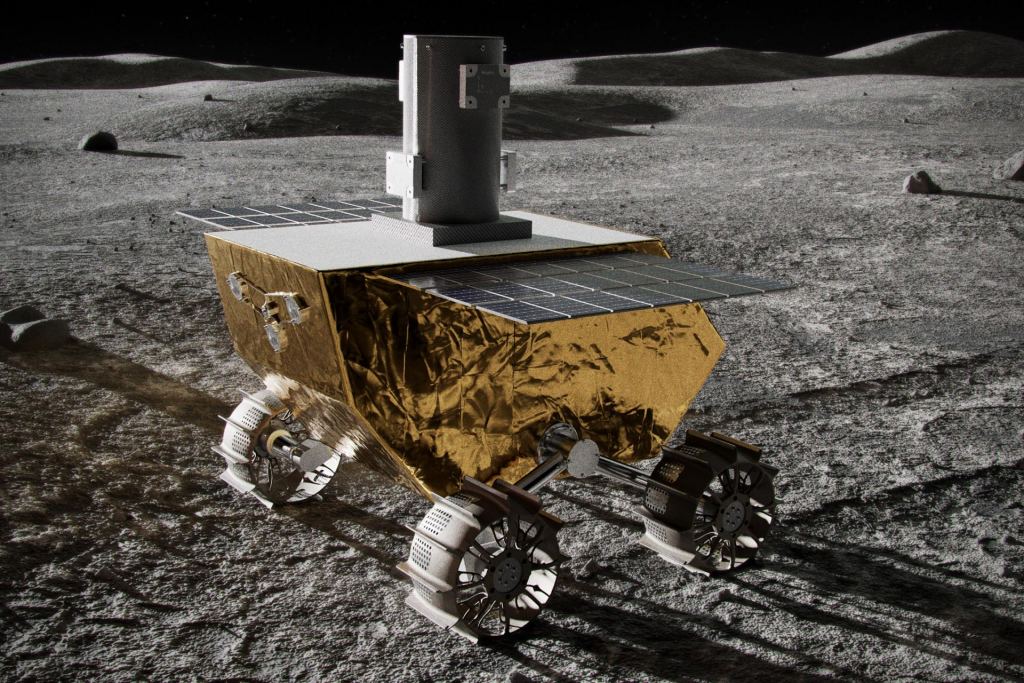 Artist's impression of the Lunar Vertex rover on the surface of the Moon.  The rover is about 14 inches (35 centimeters) long;  the cylinder at the top is the mast for the magnetometer built by APL.  Credit: Johns Hopkins APL/Lunar Outpost/Ben Smith